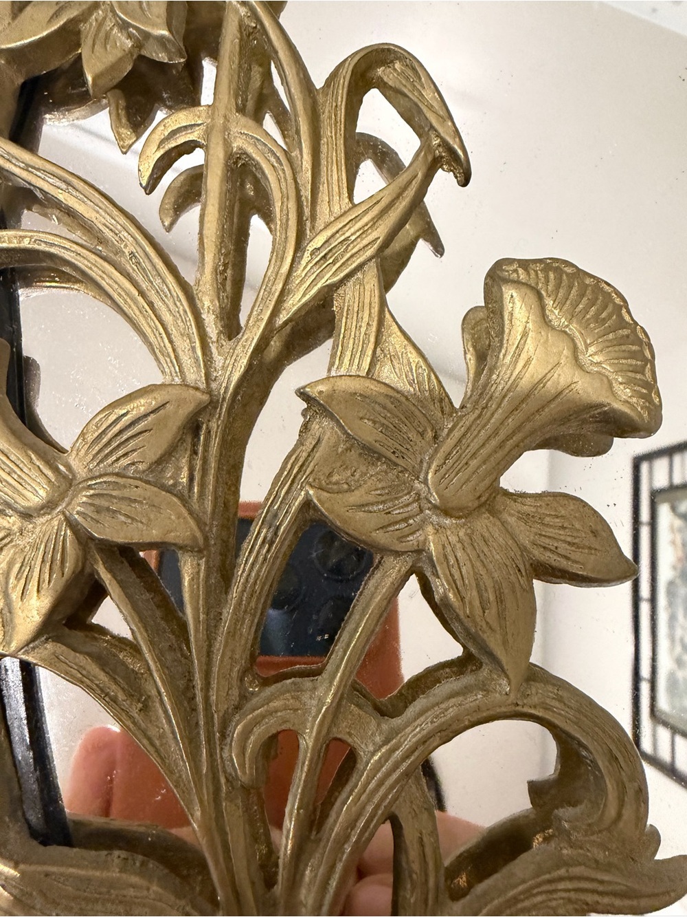 Vintage Stunning Rare Art Nouveau Brass Daffodil Floral Mirror - Picture 8 of 12